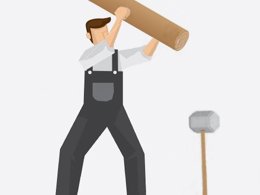 A cartoonish image of a man hitting a hammer into the ground using a post