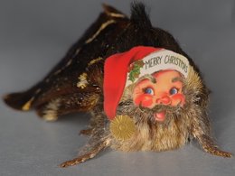 Front facing shot of a December moth, where it's face has been replaced with the face of Father Christmas